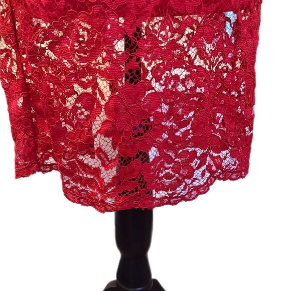 Marina | Red Floral Metallic Lace Overlay Knee Length Sheath Dress, Size M or 8 - Picture 6 of 10